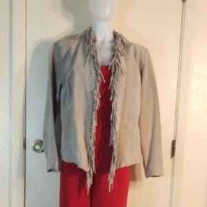 Dialogue Women's Fringed Leather Jacket Taupe QVC Size L Gently Used -Lined